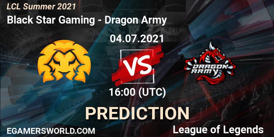 Prognose für das Spiel Black Star Gaming VS Dragon Army. 04.07.2021 at 16:00. LoL - LCL Summer 2021