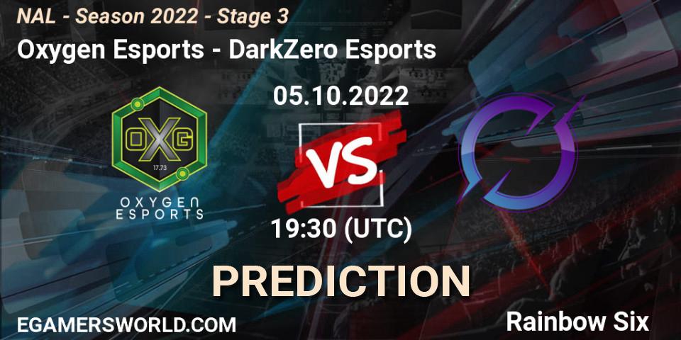 Prognose für das Spiel Oxygen Esports VS DarkZero Esports. 05.10.2022 at 19:30. Rainbow Six - NAL - Season 2022 - Stage 3