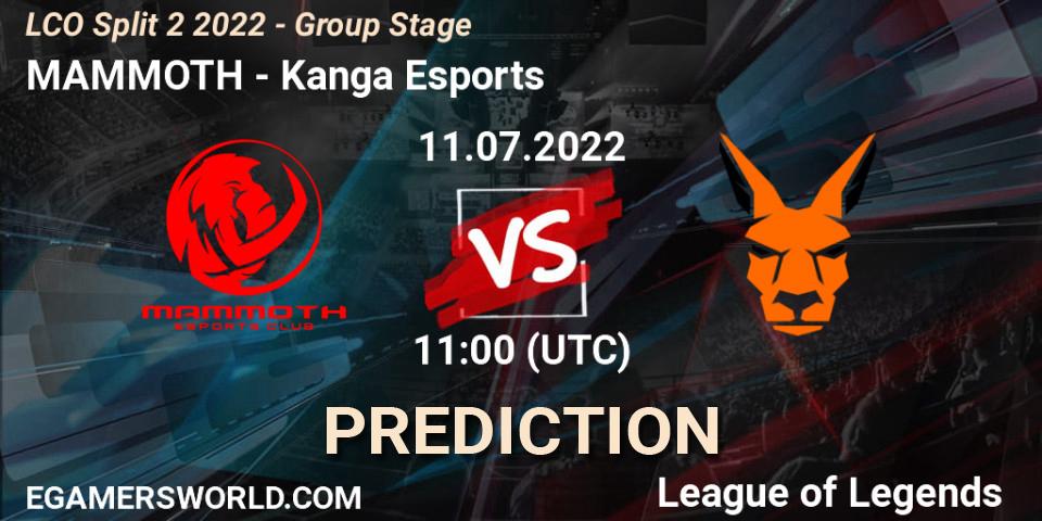 Prognose für das Spiel MAMMOTH VS Kanga Esports. 11.07.2022 at 11:00. LoL - LCO Split 2 2022 - Group Stage