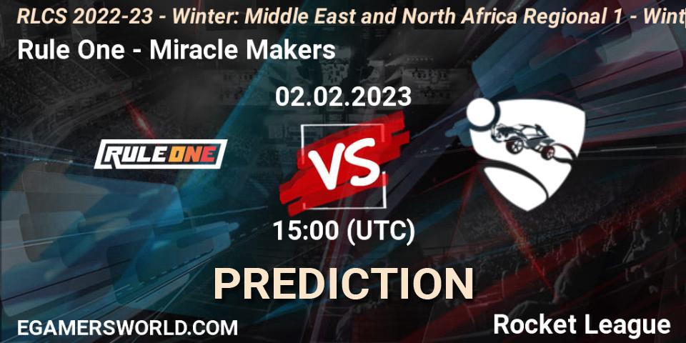 Prognose für das Spiel Rule One VS Miracle Makers. 02.02.2023 at 15:00. Rocket League - RLCS 2022-23 - Winter: Middle East and North Africa Regional 1 - Winter Open