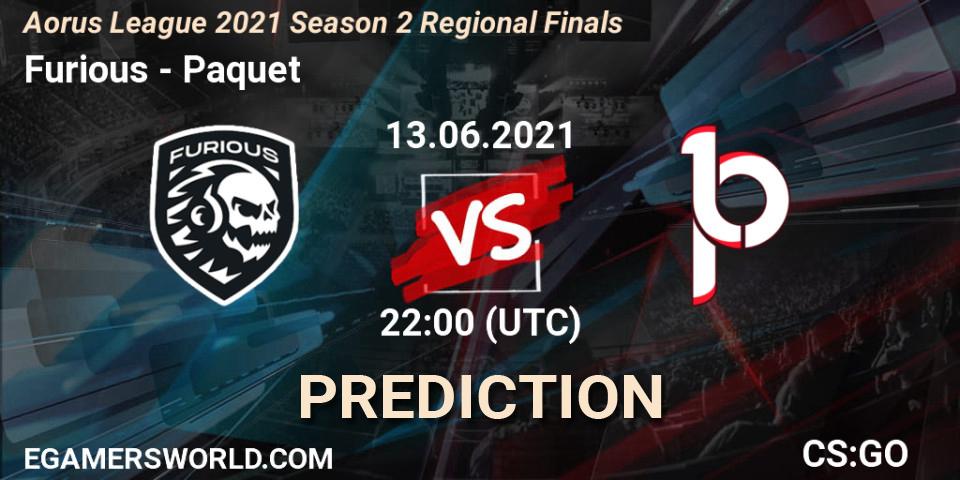 Prognose für das Spiel Furious VS Paquetá. 13.06.2021 at 22:10. Counter-Strike (CS2) - Aorus League 2021 Season 2 Regional Finals