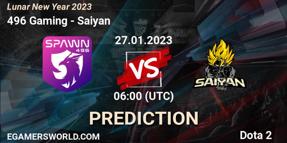 Prognose für das Spiel 496 Gaming VS Saiyan. 27.01.2023 at 06:00. Dota 2 - Lunar New Year 2023