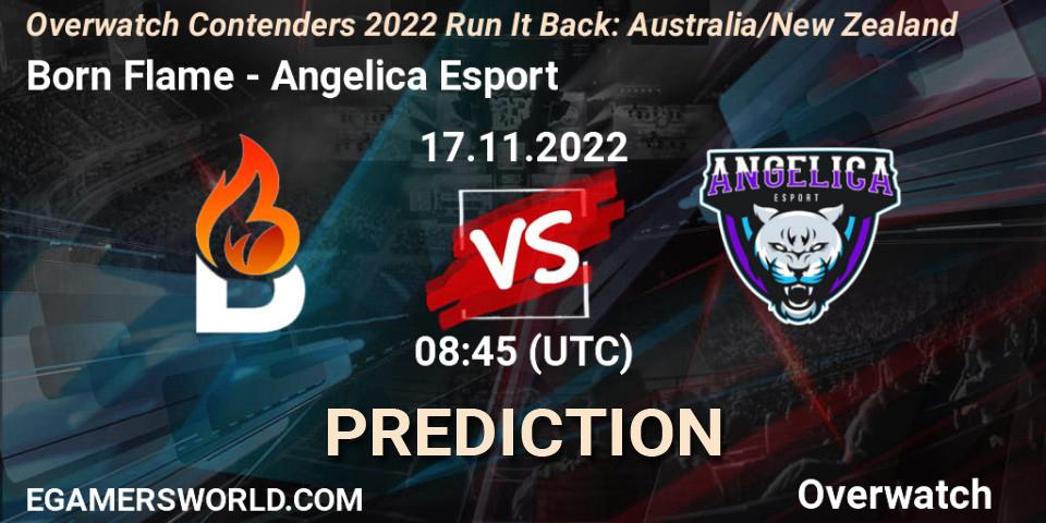 Prognose für das Spiel Born Flame VS Angelica Esport. 17.11.2022 at 08:45. Overwatch - Overwatch Contenders 2022 - Australia/New Zealand - November