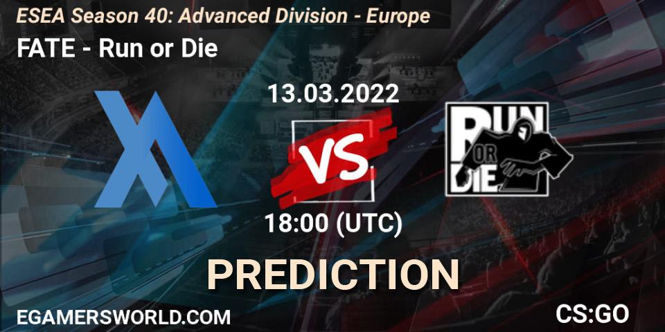Prognose für das Spiel FATE VS Run or Die. 13.03.22. CS2 (CS:GO) - ESEA Season 40: Advanced Division - Europe