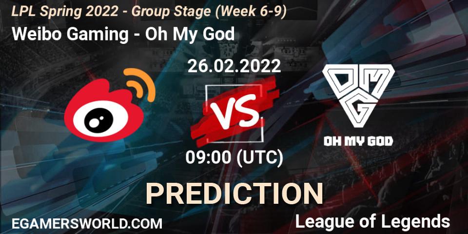 Prognose für das Spiel Weibo Gaming VS Oh My God. 26.02.2022 at 10:00. LoL - LPL Spring 2022 - Group Stage (Week 6-9)