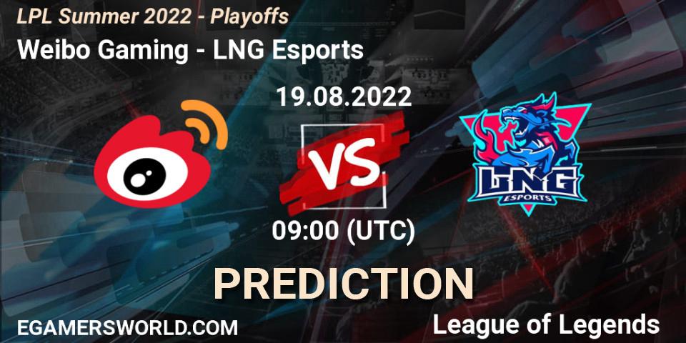 Prognose für das Spiel Weibo Gaming VS LNG Esports. 19.08.2022 at 09:00. LoL - LPL Summer 2022 - Playoffs