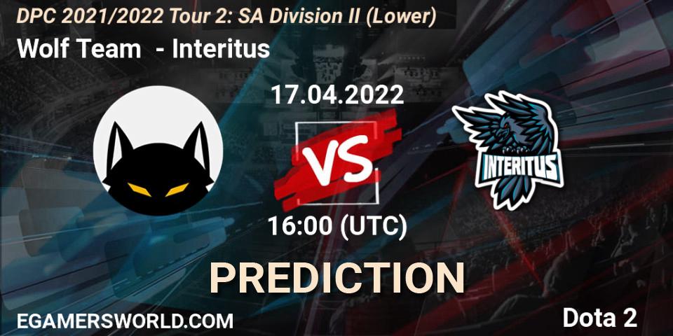 Prognose für das Spiel Wolf Team VS Interitus. 17.04.2022 at 16:01. Dota 2 - DPC 2021/2022 Tour 2: SA Division II (Lower)