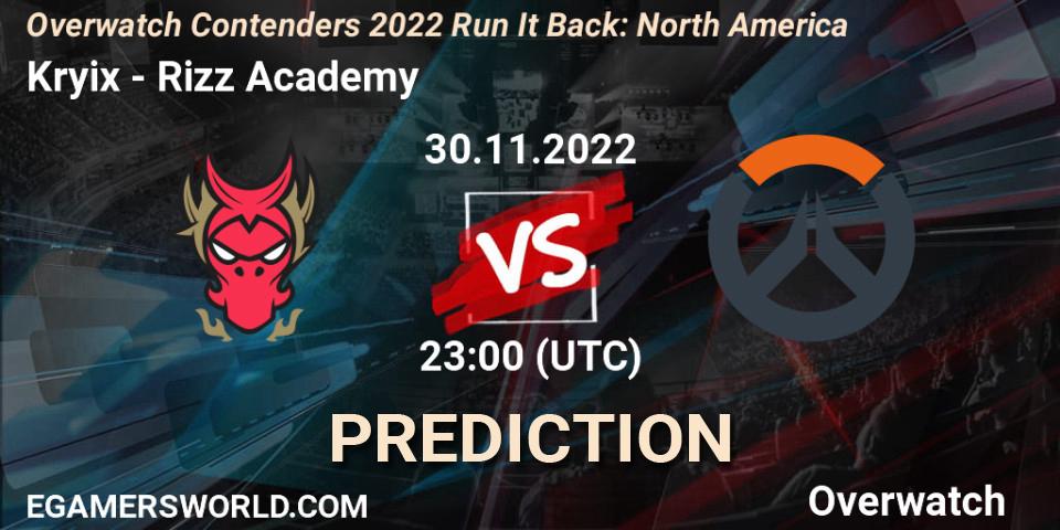 Prognose für das Spiel Kryix VS Rizz Academy. 30.11.2022 at 23:00. Overwatch - Overwatch Contenders 2022 Run It Back: North America