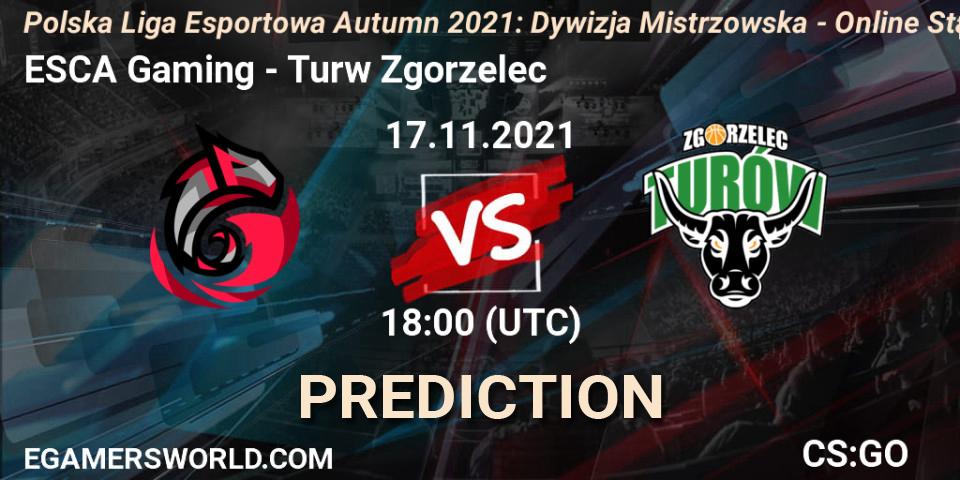 Prognose für das Spiel ESCA Gaming VS Turów Zgorzelec. 17.11.2021 at 18:00. Counter-Strike (CS2) - Polska Liga Esportowa Autumn 2021: Dywizja Mistrzowska - Online Stage