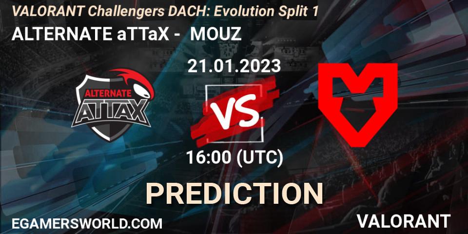 Prognose für das Spiel ALTERNATE aTTaX VS MOUZ. 21.01.2023 at 16:00. VALORANT - VALORANT Challengers 2023 DACH: Evolution Split 1