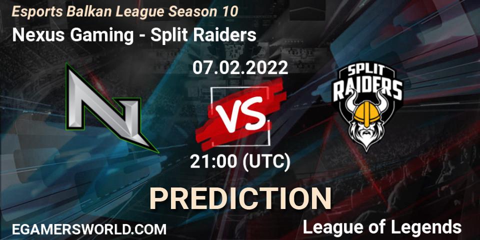 Prognose für das Spiel Nexus Gaming VS Split Raiders. 07.02.2022 at 21:00. LoL - Esports Balkan League Season 10