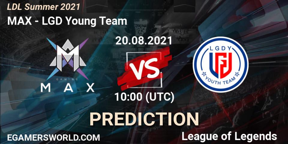 Prognose für das Spiel MAX VS LGD Young Team. 20.08.2021 at 10:10. LoL - LDL Summer 2021