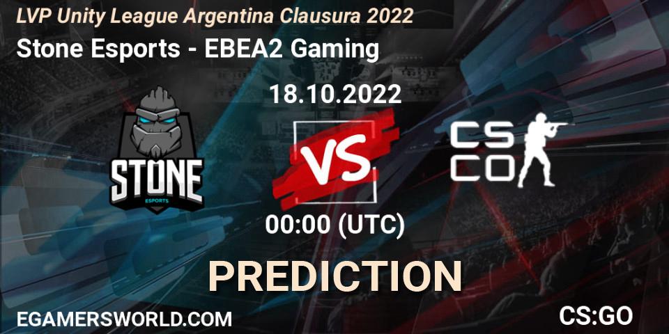 Prognose für das Spiel Stone Esports VS EBEA2 Gaming. 18.10.2022 at 01:00. Counter-Strike (CS2) - LVP Unity League Argentina Clausura 2022