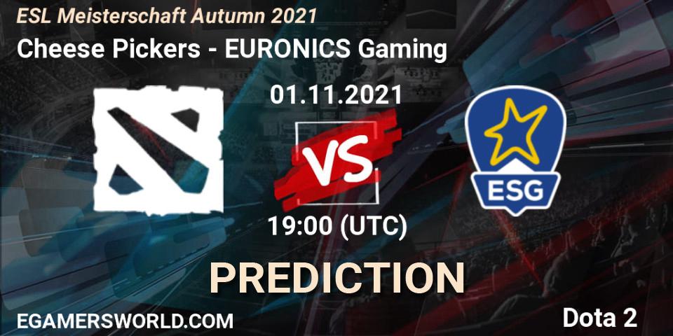 Prognose für das Spiel Cheese Pickers VS EURONICS Gaming. 01.11.2021 at 20:00. Dota 2 - ESL Meisterschaft Autumn 2021