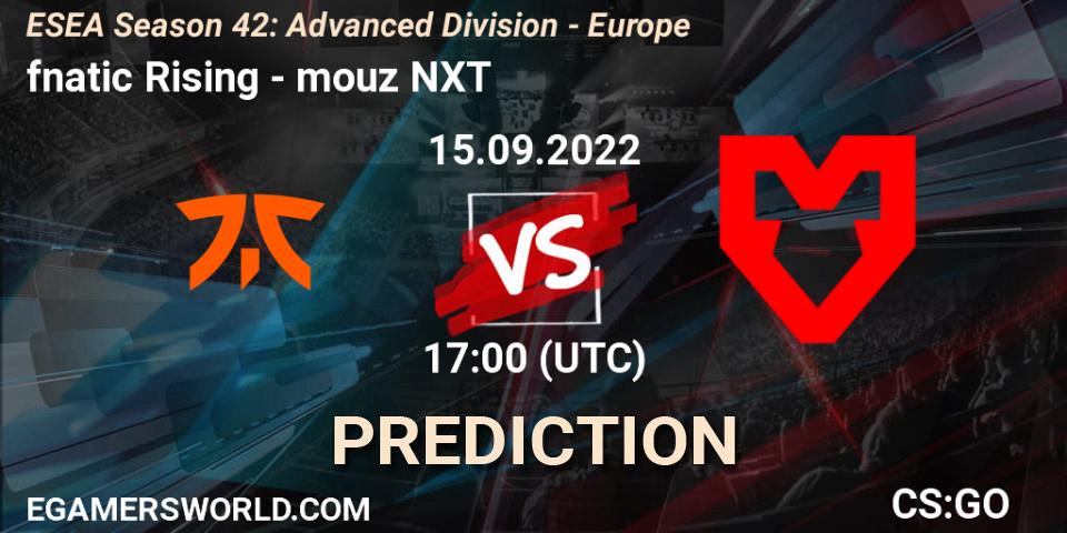 Prognose für das Spiel fnatic Rising VS mouz NXT. 15.09.2022 at 17:00. Counter-Strike (CS2) - ESEA Season 42: Advanced Division - Europe