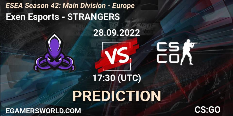 Prognose für das Spiel Exen Esports VS STRANGERS. 28.09.2022 at 17:30. Counter-Strike (CS2) - ESEA Season 42: Main Division - Europe