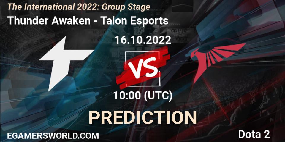 Prognose für das Spiel Thunder Awaken VS Talon Esports. 16.10.2022 at 11:05. Dota 2 - The International 2022: Group Stage