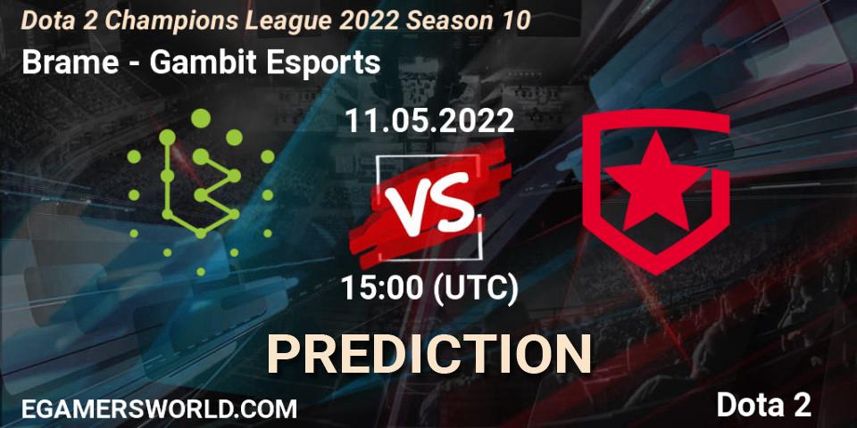 Prognose für das Spiel Brame VS Gambit Esports. 11.05.2022 at 15:00. Dota 2 - Dota 2 Champions League 2022 Season 10 