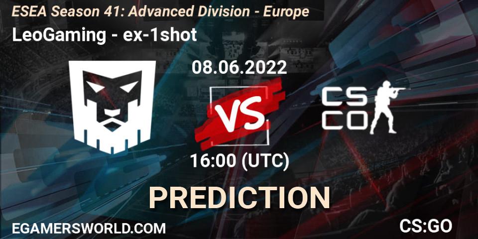 Prognose für das Spiel LeoGaming VS ex-1shot. 08.06.2022 at 16:00. Counter-Strike (CS2) - ESEA Season 41: Advanced Division - Europe