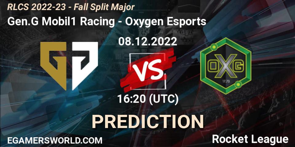 Prognose für das Spiel Gen.G Mobil1 Racing VS Oxygen Esports. 08.12.2022 at 16:20. Rocket League - RLCS 2022-23 - Fall Split Major