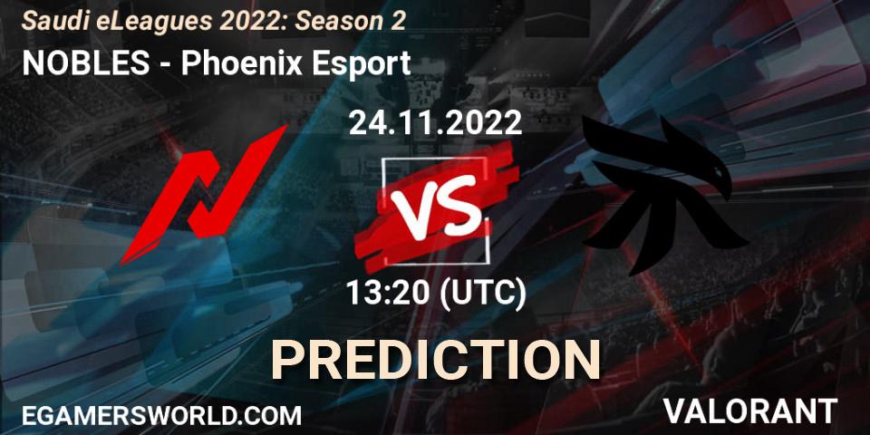 Prognose für das Spiel NOBLES VS Phoenix Esport. 24.11.2022 at 13:20. VALORANT - Saudi eLeagues 2022: Season 2