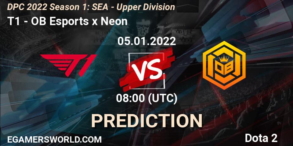 Prognose für das Spiel T1 VS OB Esports x Neon. 05.01.2022 at 08:03. Dota 2 - DPC 2022 Season 1: SEA - Upper Division