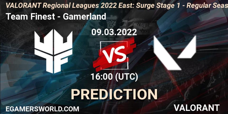 Prognose für das Spiel Team Finest VS Gamerland. 09.03.2022 at 16:00. VALORANT - VALORANT Regional Leagues 2022 East: Surge Stage 1 - Regular Season