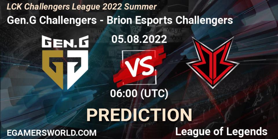 Prognose für das Spiel Gen.G Challengers VS Brion Esports Challengers. 05.08.2022 at 06:00. LoL - LCK Challengers League 2022 Summer