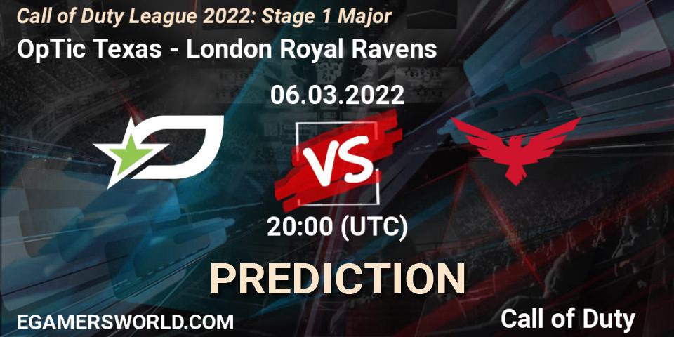 Prognose für das Spiel OpTic Texas VS London Royal Ravens. 06.03.2022 at 20:00. Call of Duty - Call of Duty League 2022: Stage 1 Major