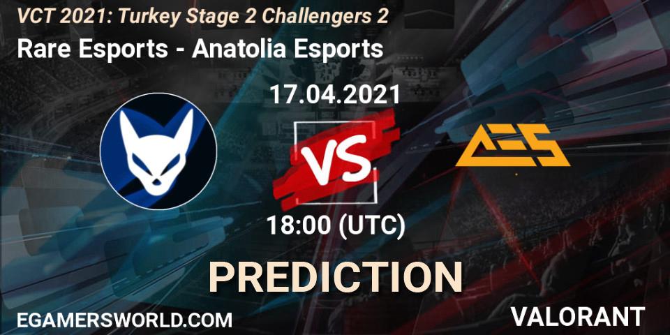 Prognose für das Spiel Rare Esports VS Anatolia Esports. 17.04.2021 at 18:00. VALORANT - VCT 2021: Turkey Stage 2 Challengers 2
