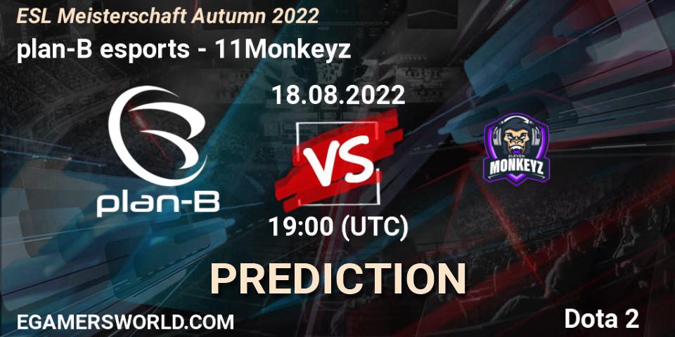 Prognose für das Spiel plan-B esports VS 11Monkeyz. 18.08.2022 at 19:05. Dota 2 - ESL Meisterschaft Autumn 2022