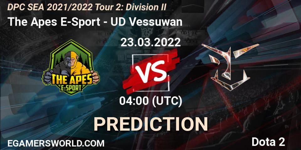 Prognose für das Spiel The Apes E-Sport VS UD Vessuwan. 23.03.2022 at 04:00. Dota 2 - DPC 2021/2022 Tour 2: SEA Division II (Lower)