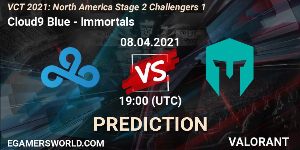 Prognose für das Spiel Cloud9 Blue VS Immortals. 08.04.2021 at 19:00. VALORANT - VCT 2021: North America Stage 2 Challengers 1
