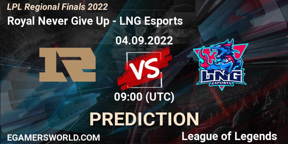 Prognose für das Spiel Royal Never Give Up VS LNG Esports. 04.09.22. LoL - LPL Regional Finals 2022