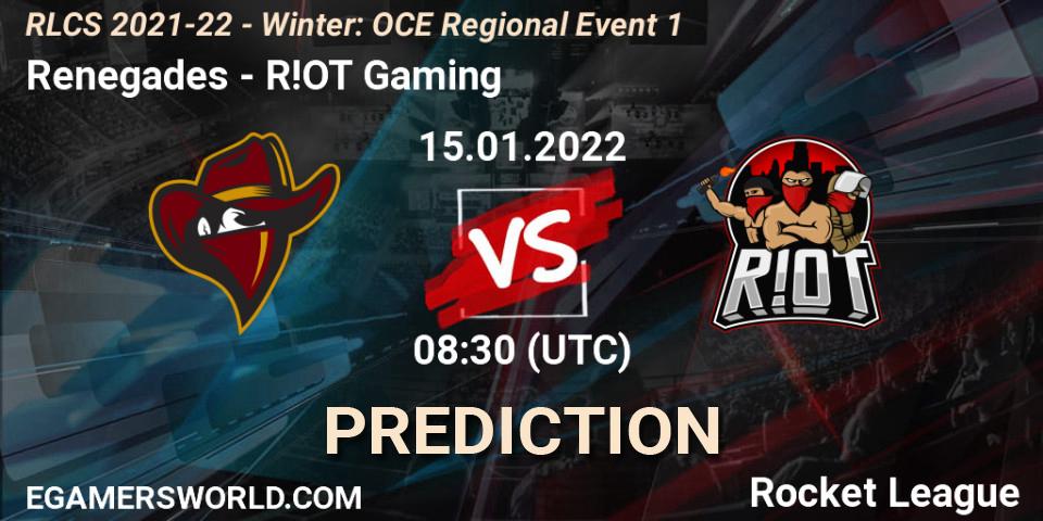 Prognose für das Spiel Renegades VS R!OT Gaming. 15.01.22. Rocket League - RLCS 2021-22 - Winter: OCE Regional Event 1