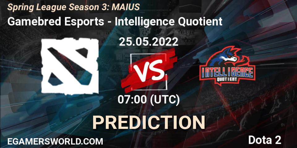 Prognose für das Spiel Gamebred Esports VS Intelligence Quotient. 25.05.2022 at 07:07. Dota 2 - Spring League Season 3: MAIUS