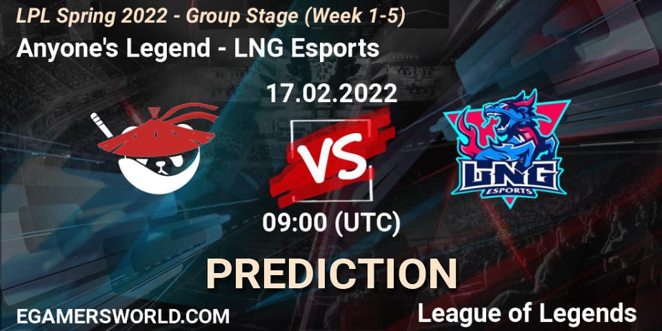 Prognose für das Spiel Anyone's Legend VS LNG Esports. 17.02.22. LoL - LPL Spring 2022 - Group Stage (Week 1-5)