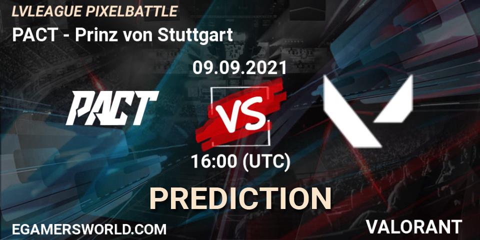 Prognose für das Spiel PACT VS Prinz von Stuttgart. 09.09.2021 at 16:00. VALORANT - LVLEAGUE PIXELBATTLE