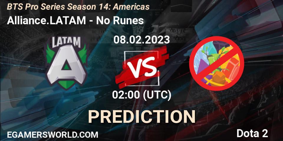 Prognose für das Spiel Alliance.LATAM VS No Runes. 10.02.23. Dota 2 - BTS Pro Series Season 14: Americas