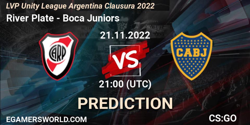 Prognose für das Spiel River Plate VS Boca Juniors. 21.11.2022 at 21:00. Counter-Strike (CS2) - LVP Unity League Argentina Clausura 2022