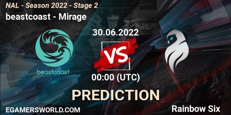 Prognose für das Spiel beastcoast VS Mirage. 30.06.2022 at 00:00. Rainbow Six - NAL - Season 2022 - Stage 2