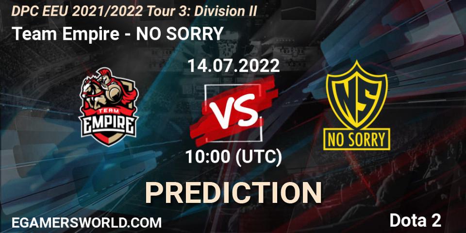 Prognose für das Spiel Team Empire VS NO SORRY. 14.07.22. Dota 2 - DPC EEU 2021/2022 Tour 3: Division II