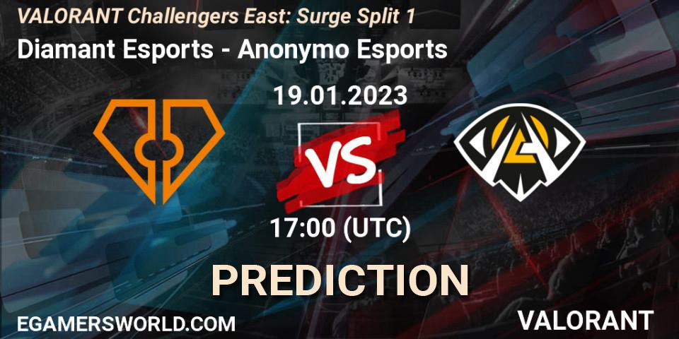 Prognose für das Spiel Diamant Esports VS Anonymo Esports. 19.01.23. VALORANT - VALORANT Challengers 2023 East: Surge Split 1