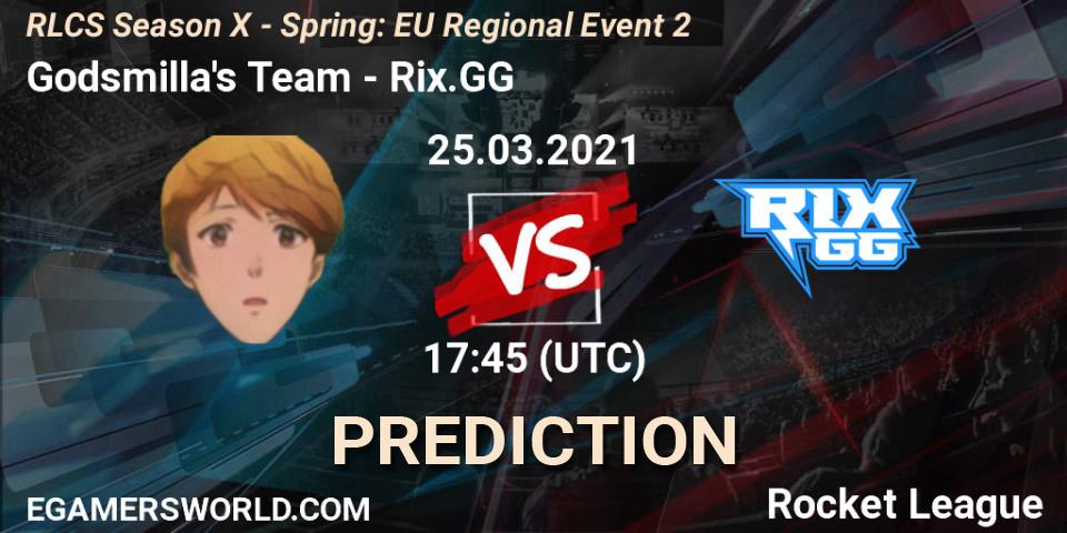 Prognose für das Spiel Godsmilla's Team VS Rix.GG. 25.03.2021 at 17:45. Rocket League - RLCS Season X - Spring: EU Regional Event 2