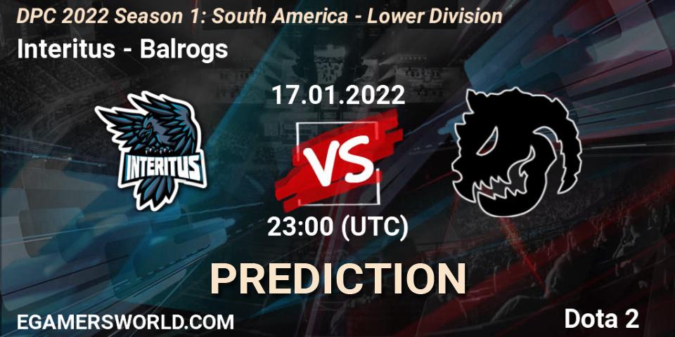 Prognose für das Spiel Interitus VS Balrogs. 17.01.2022 at 23:00. Dota 2 - DPC 2022 Season 1: South America - Lower Division