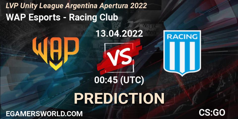 Prognose für das Spiel WAP Esports VS Racing Club. 13.04.2022 at 00:45. Counter-Strike (CS2) - LVP Unity League Argentina Apertura 2022