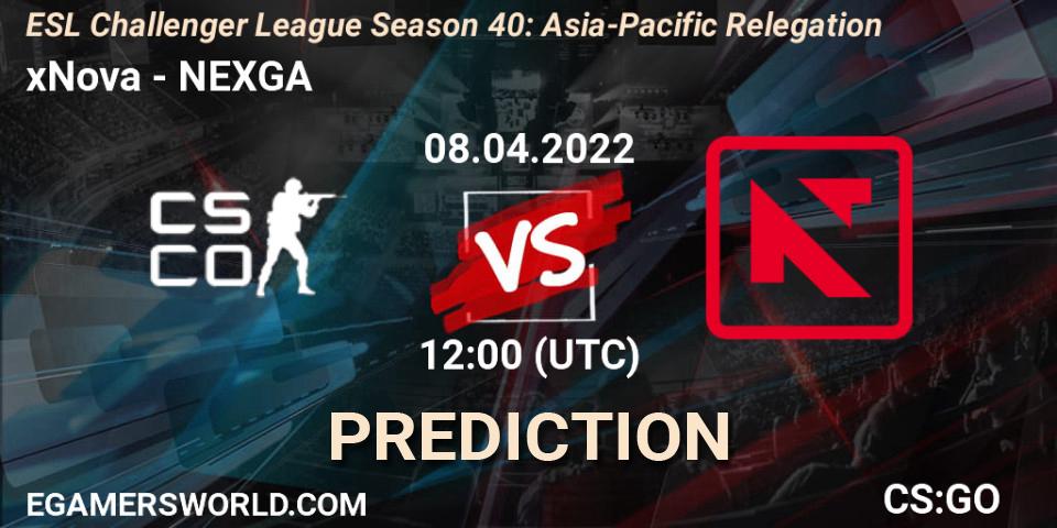 Prognose für das Spiel xNova VS NEXGA. 08.04.2022 at 12:00. Counter-Strike (CS2) - ESL Challenger League Season 40: Asia-Pacific Relegation