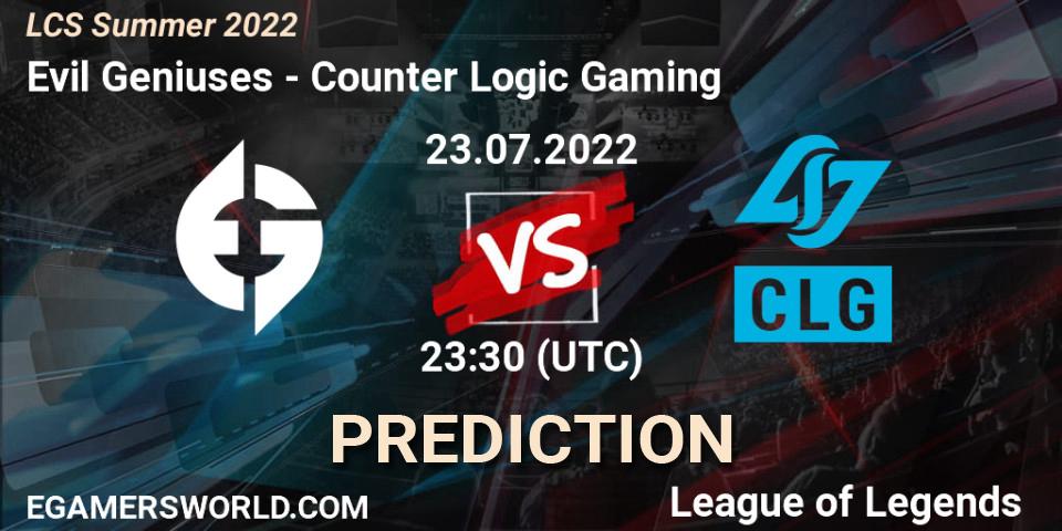 Prognose für das Spiel Evil Geniuses VS Counter Logic Gaming. 23.07.22. LoL - LCS Summer 2022
