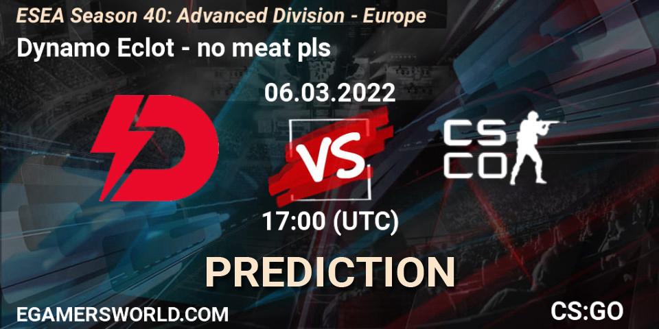 Prognose für das Spiel Dynamo Eclot VS no meat pls. 06.03.2022 at 17:00. Counter-Strike (CS2) - ESEA Season 40: Advanced Division - Europe