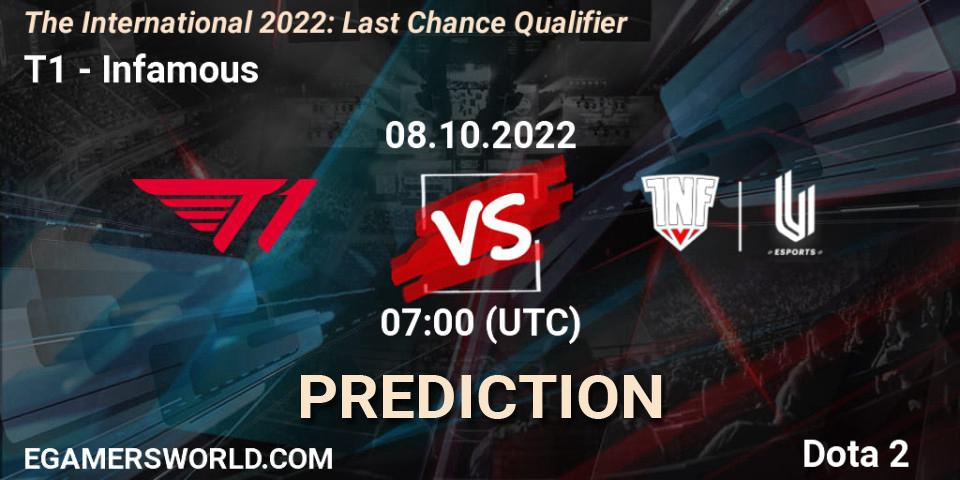 Prognose für das Spiel T1 VS Infamous. 08.10.22. Dota 2 - The International 2022: Last Chance Qualifier
